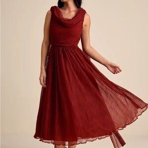 Katreea Rust Red Pleated Cowl Neck Sash Midi Dress